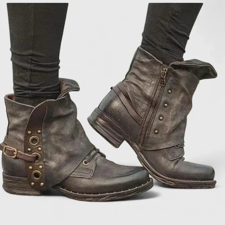 Dravelle | Women's Vintage Ankle Boots Buckle Detail - Dark Brown - Image 1