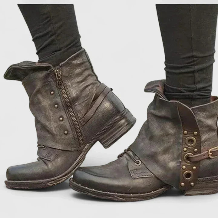 Dravelle | Women's Vintage Ankle Boots Buckle Detail - Dark Brown - Image 2