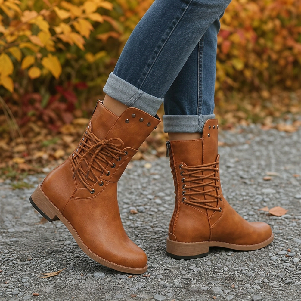 Dravona | Women's Combat Boots Lace-Up Mid-Calf - Brown - Image 2