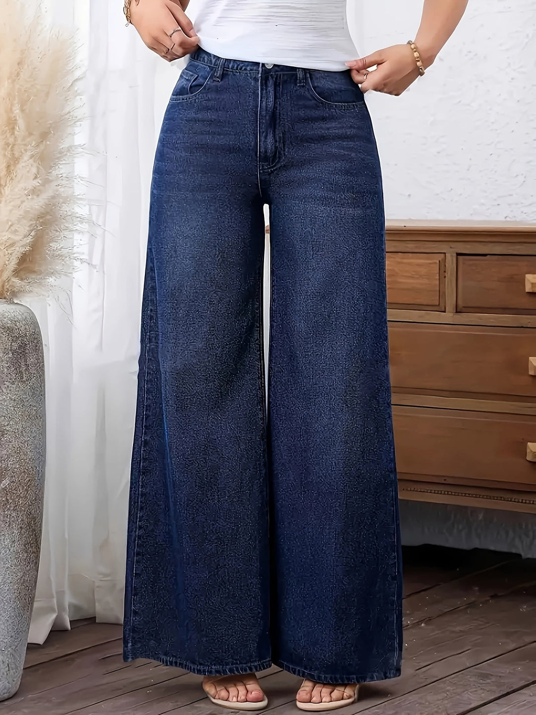Dravora | Women's Baggy Wide Leg Jeans Dark Wash - Dark Blue - Image 1