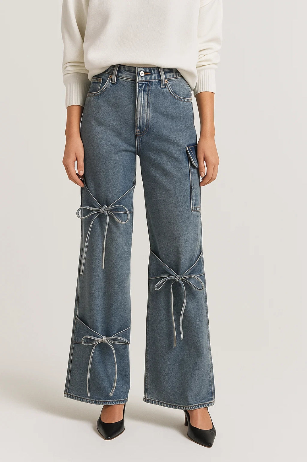 Dravwyn | Women's Baggy Wide Leg Jeans Bow Detail - Blue - Image 1