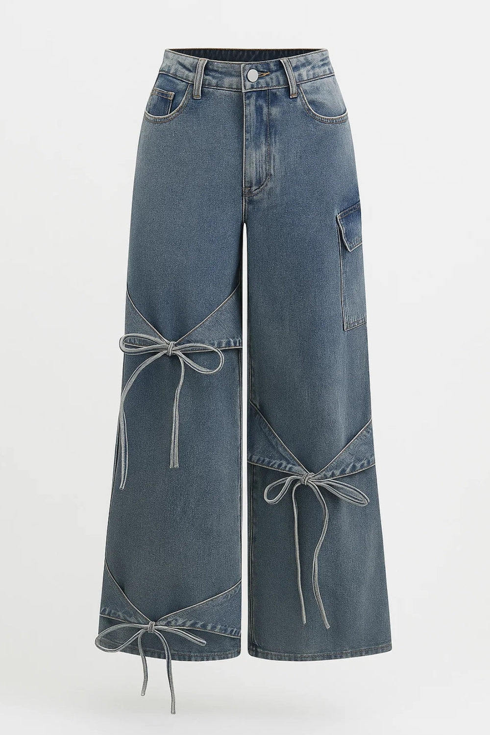 Dravwyn | Women's Baggy Wide Leg Jeans Bow Detail - Blue - Image 2