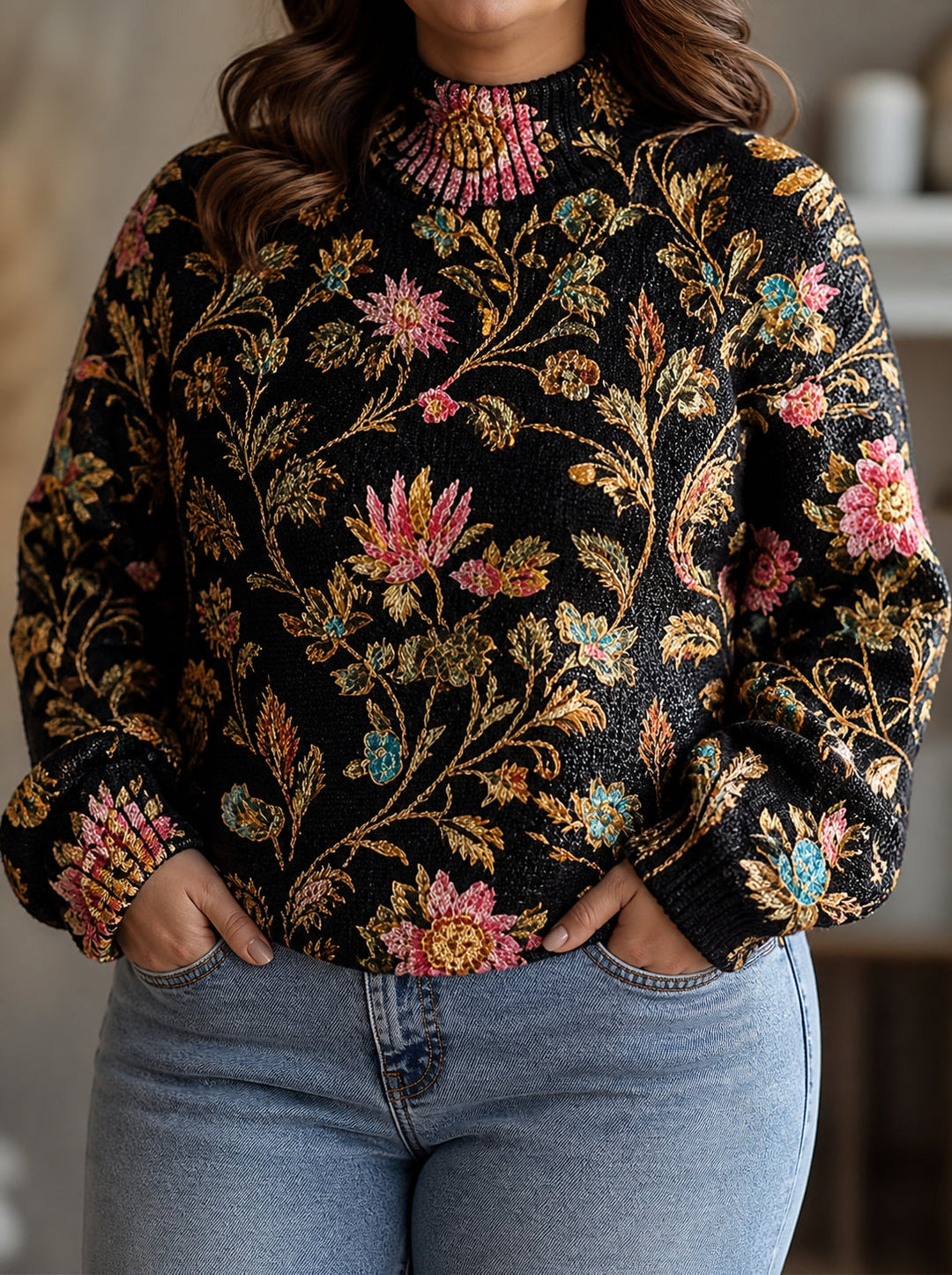 Drevanne | Women's Floral Mock Neck Sweater - Black - Image 1