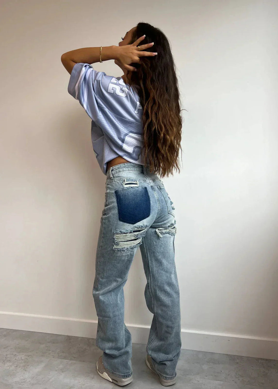 Drevelle | Women's Baggy Wide Leg Distressed Jeans - Light Blue - Image 1