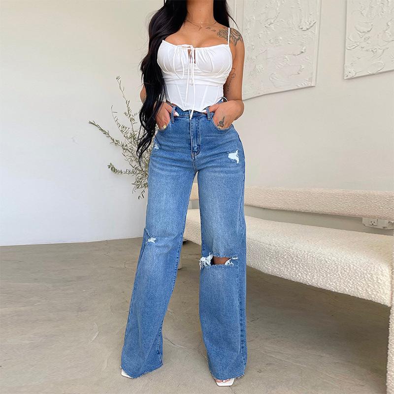 Elloway | Women's Baggy Wide Leg Jeans High Waist Ripped - Light Blue - Image 1