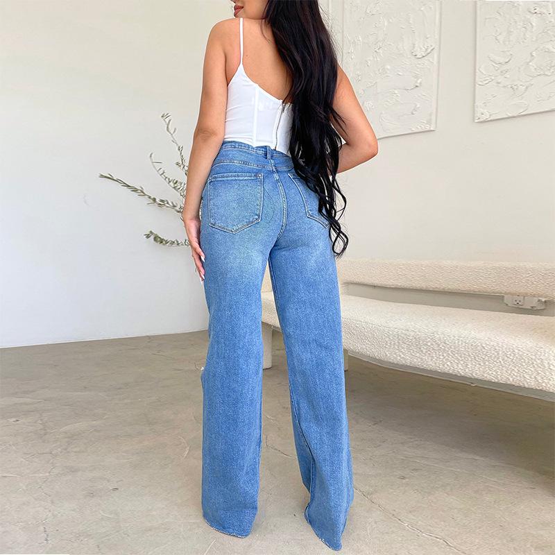 Elloway | Women's Baggy Wide Leg Jeans High Waist Ripped - Light Blue - Image 2