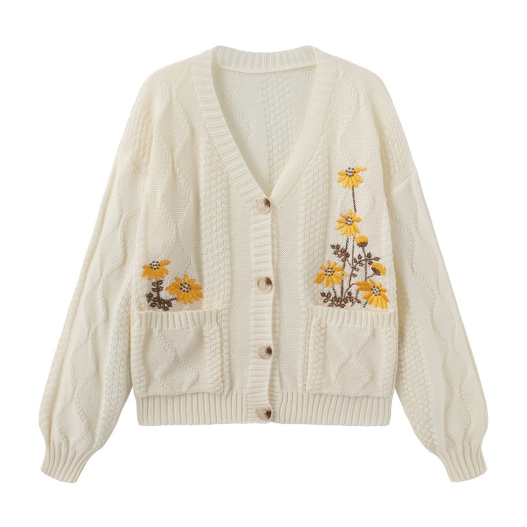 Elowen | Women's Embroidered Cardigan Sweater - Cream - Image 1