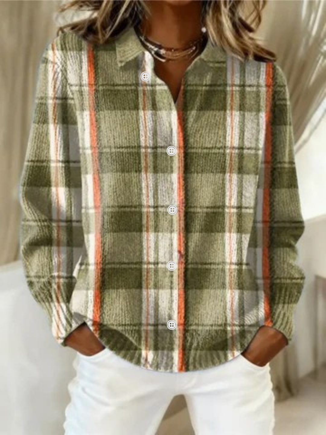 Gwenora | Women's Plaid Flannel Cardigan - Olive Green - Image 1