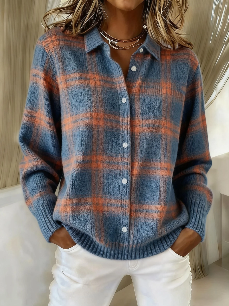 Halvara | Women's Plaid Button-Up Cardigan Sweater - Blue - Image 1