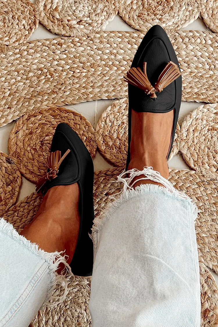 Halveth | Women's Pointed Toe Tassel Loafers - Black - Image 1