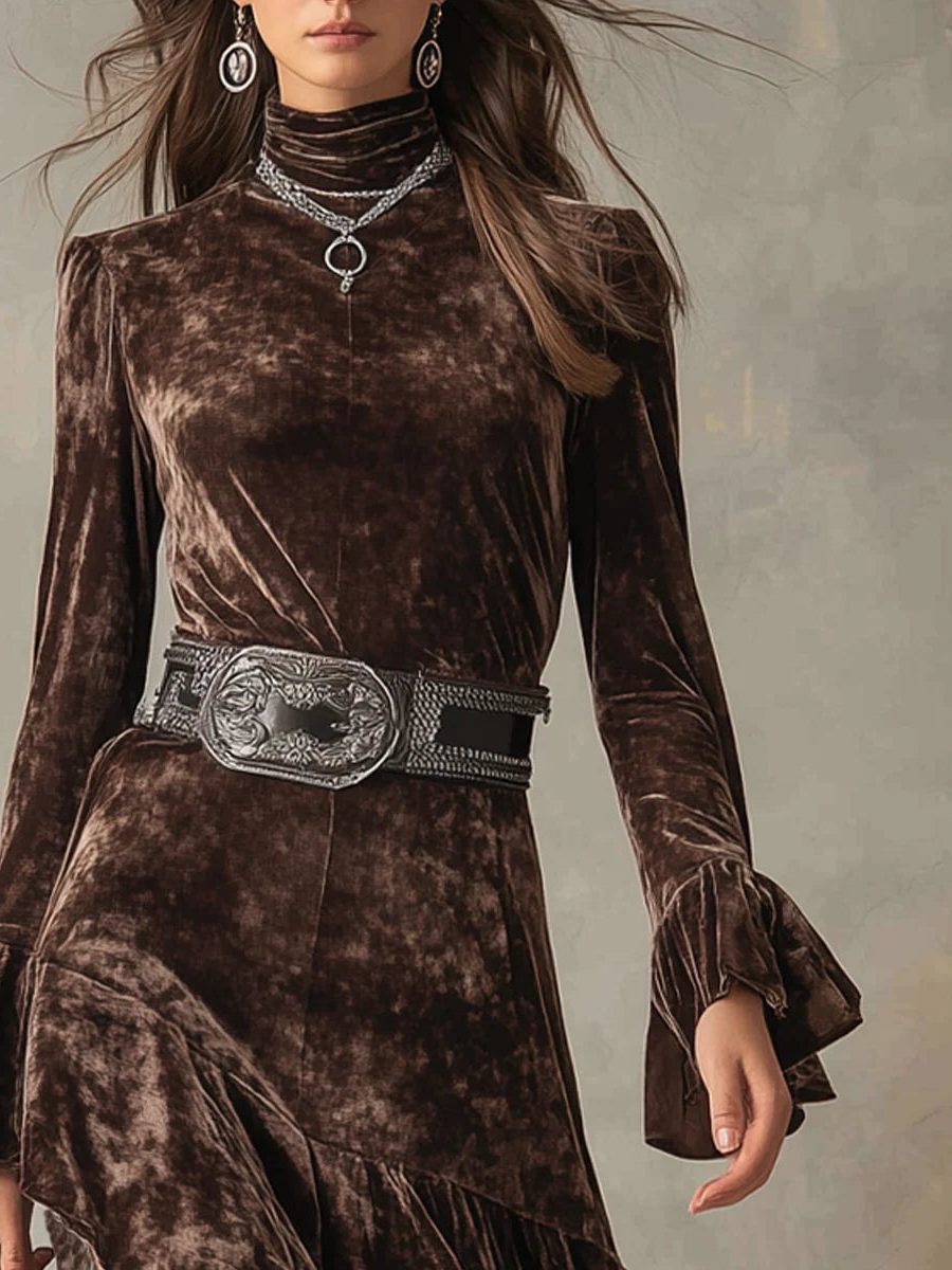 Halvorne | Women's Velvet Midi Dress High Neck Bell Sleeve - Dark Brown - Image 2