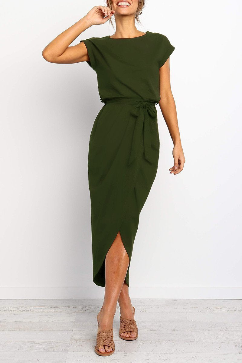 Halvorra | Women's Midi Dress Tie Waist Wrap - Light Grey - Image 2