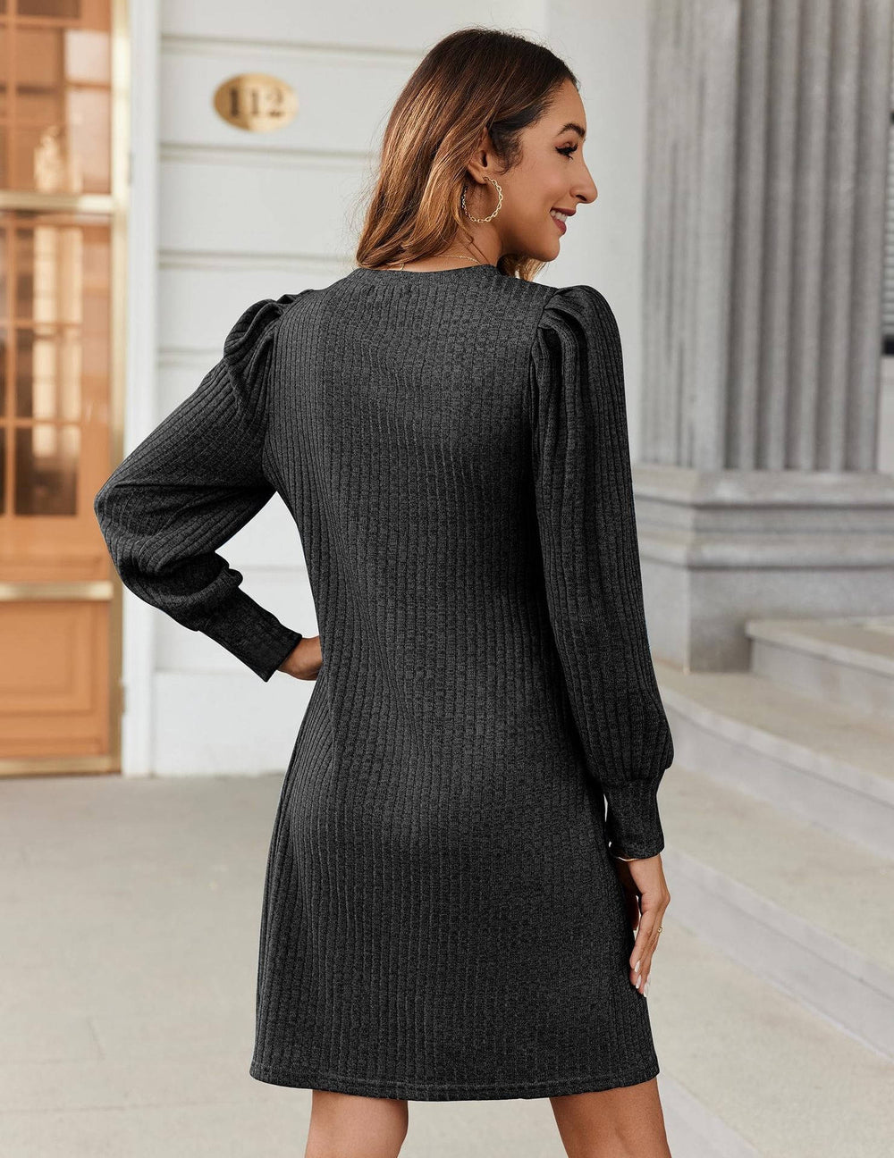 Halvorra | Women's Puff Sleeve Sweater Dress - Black - Image 2