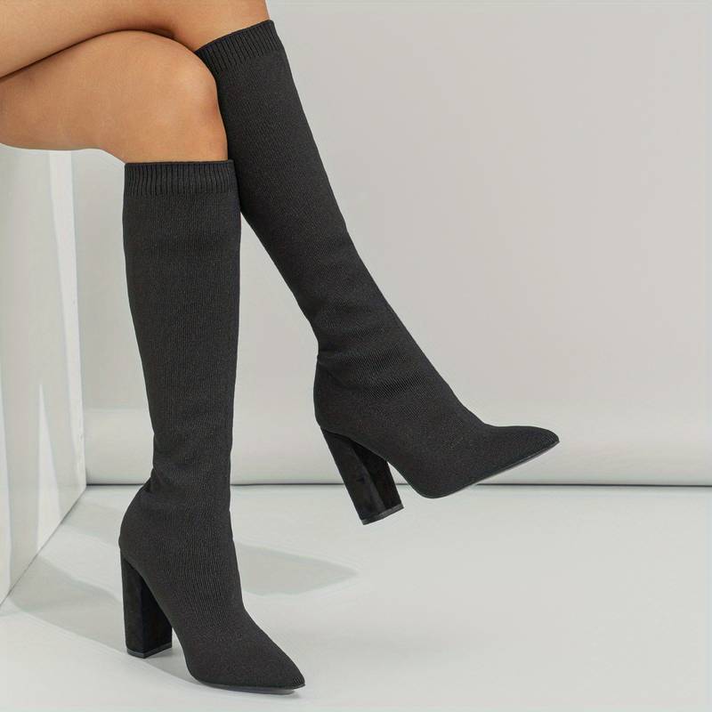Lorraven | Women's Knee High Boots Block Heel - Black - Image 1