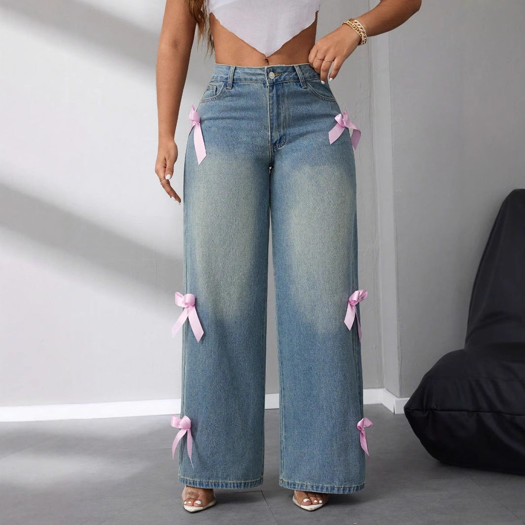 Lorreth | Women's Baggy Wide Leg Bow Jeans - Light Blue - Image 1