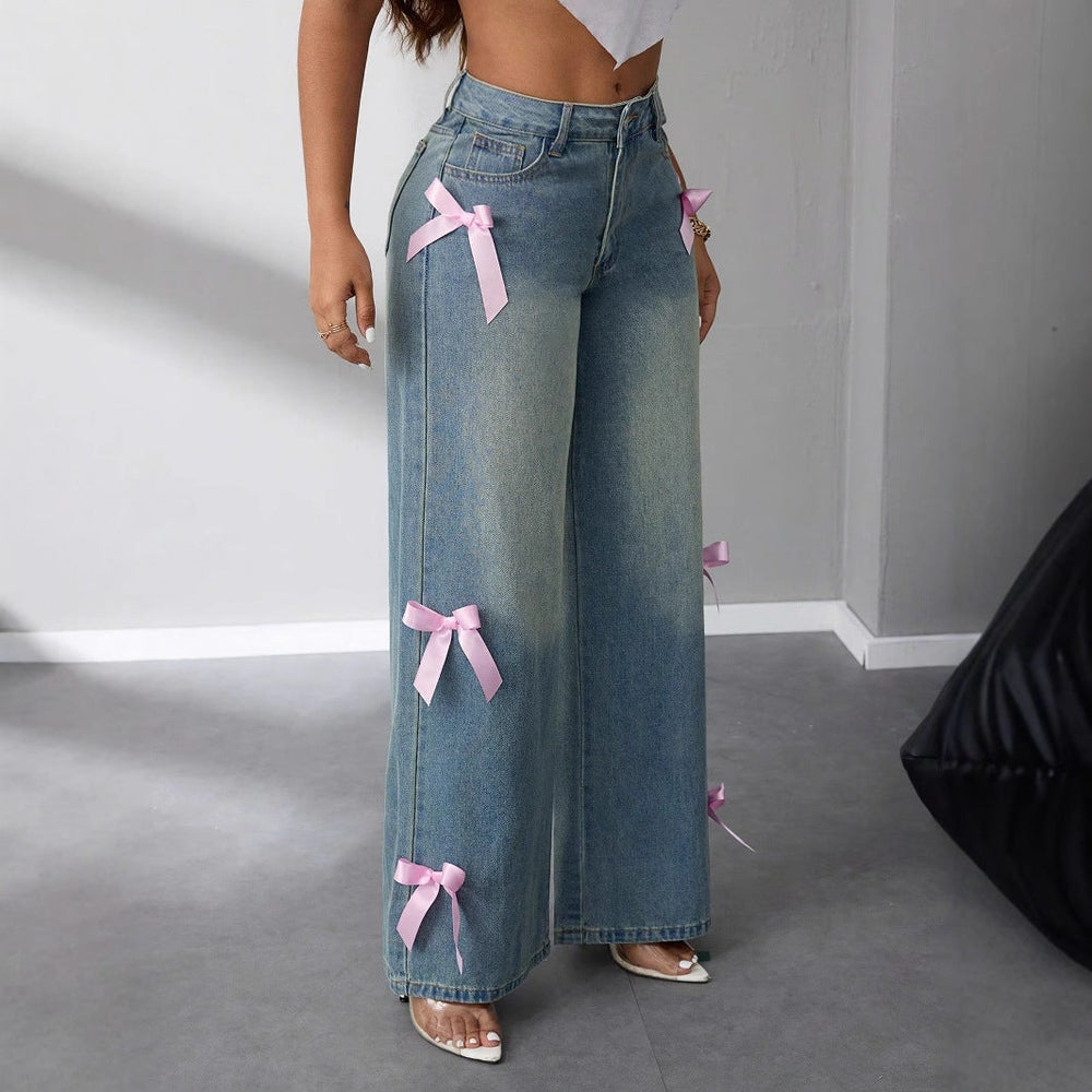 Lorreth | Women's Baggy Wide Leg Bow Jeans - Light Blue - Image 2