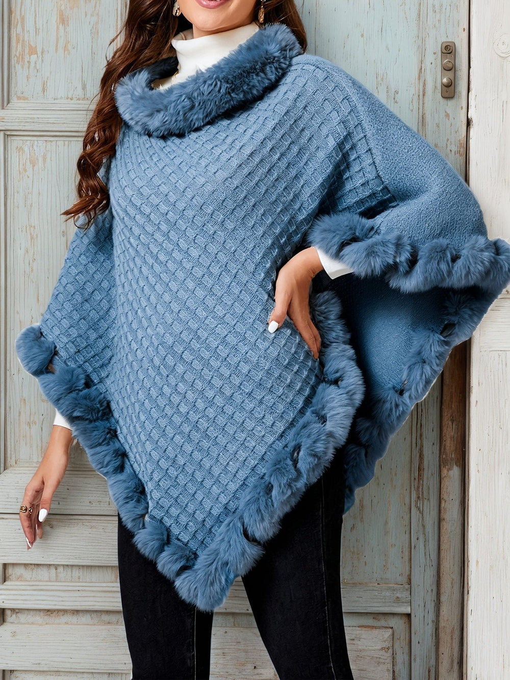 Lorreth | Women's Faux Fur Trim Knit Poncho - Cream - Image 2