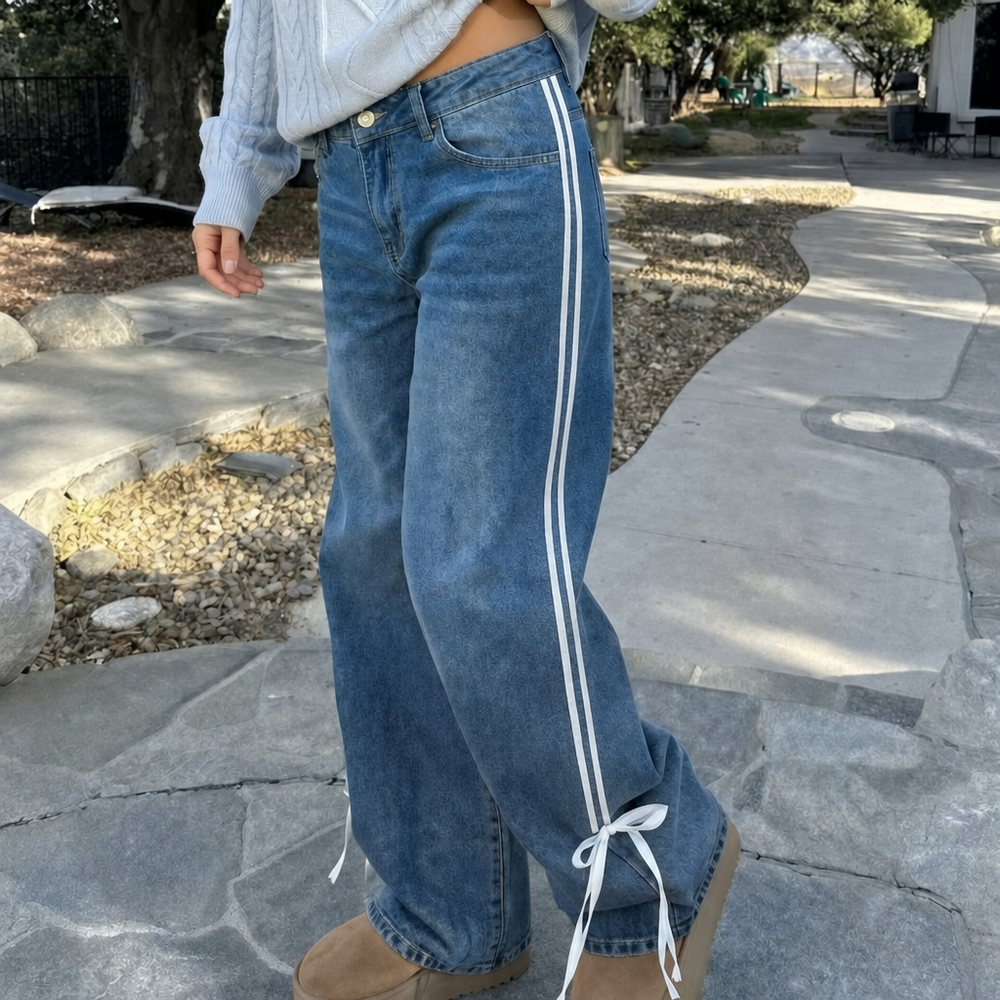 Lorriven | Women's Baggy Wide Leg Jeans Side Stripe - Blue - Image 2