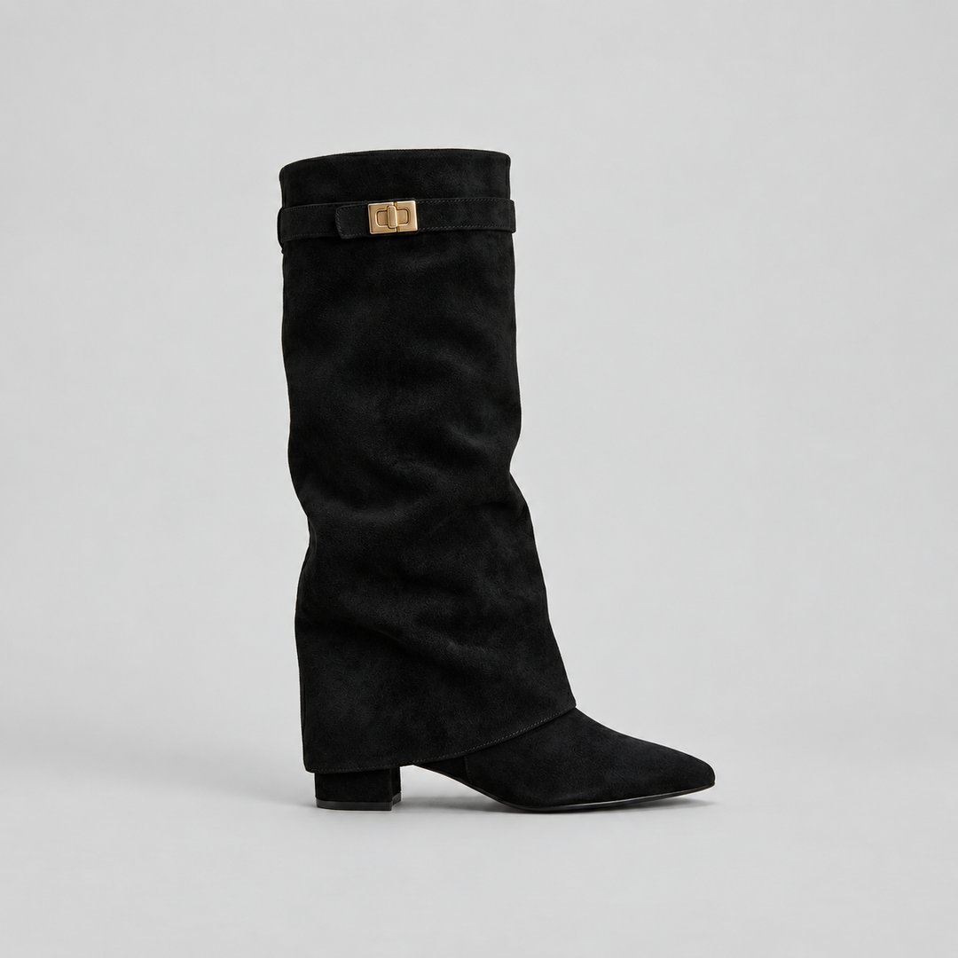Louravel | Women's Knee High Boots Low Block Heel - Black - Image 1