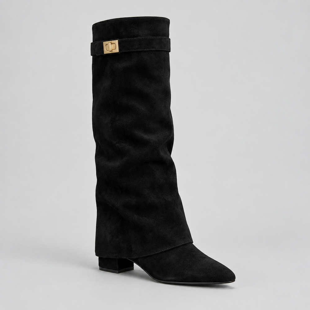 Louravel | Women's Knee High Boots Low Block Heel - Black - Image 2