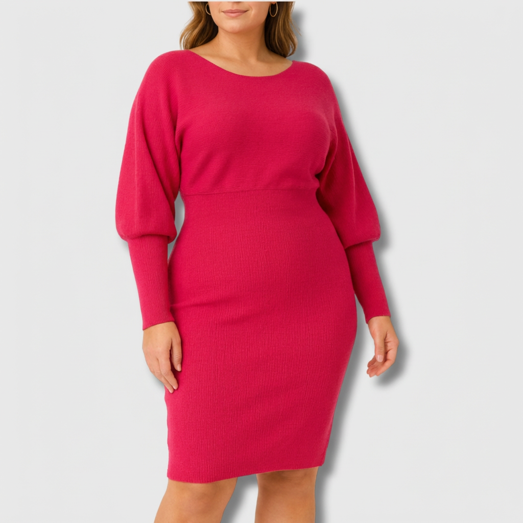 Orvanna | Women's Long Sleeve Knit Midi Dress - Hot Pink - Image 1