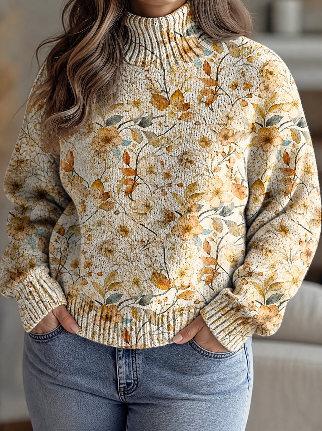 Orvelle | Women's Floral Turtleneck Sweater - Cream - Image 1