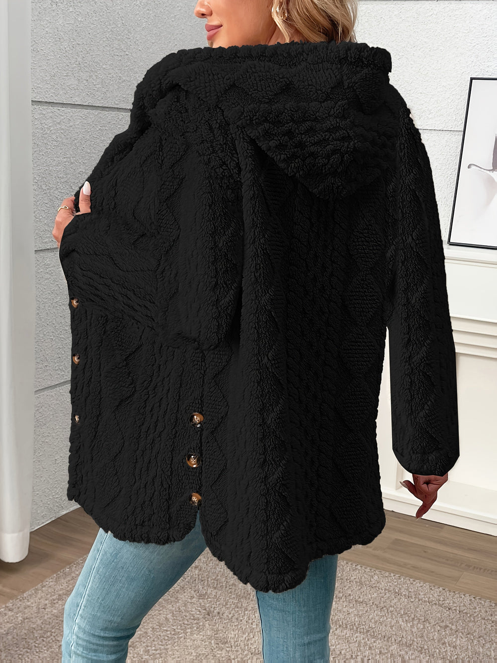 Orvelle | Women's Winter Coat Sherpa Hooded - Black - Image 2
