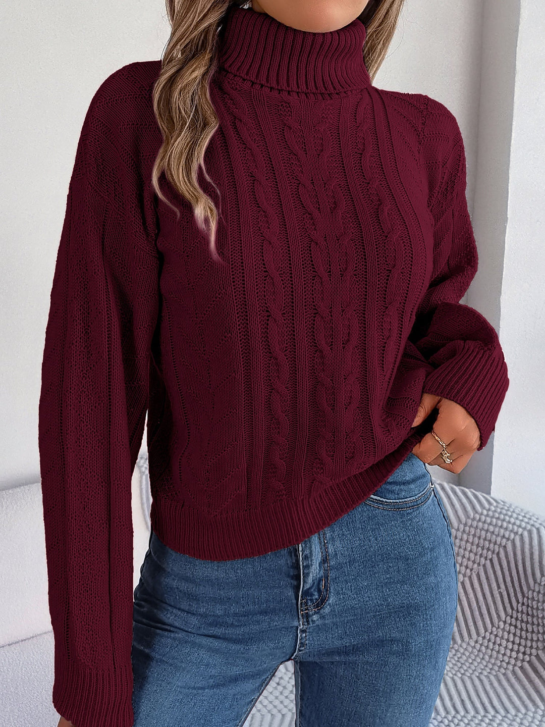 Ovella | Women's Turtleneck Cable Knit Sweater - Burgundy - Image 1
