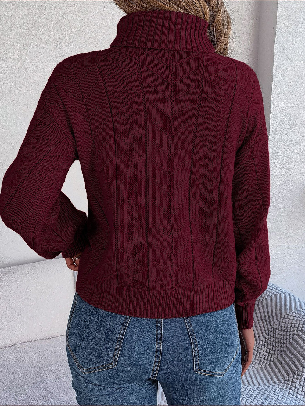 Ovella | Women's Turtleneck Cable Knit Sweater - Burgundy - Image 2