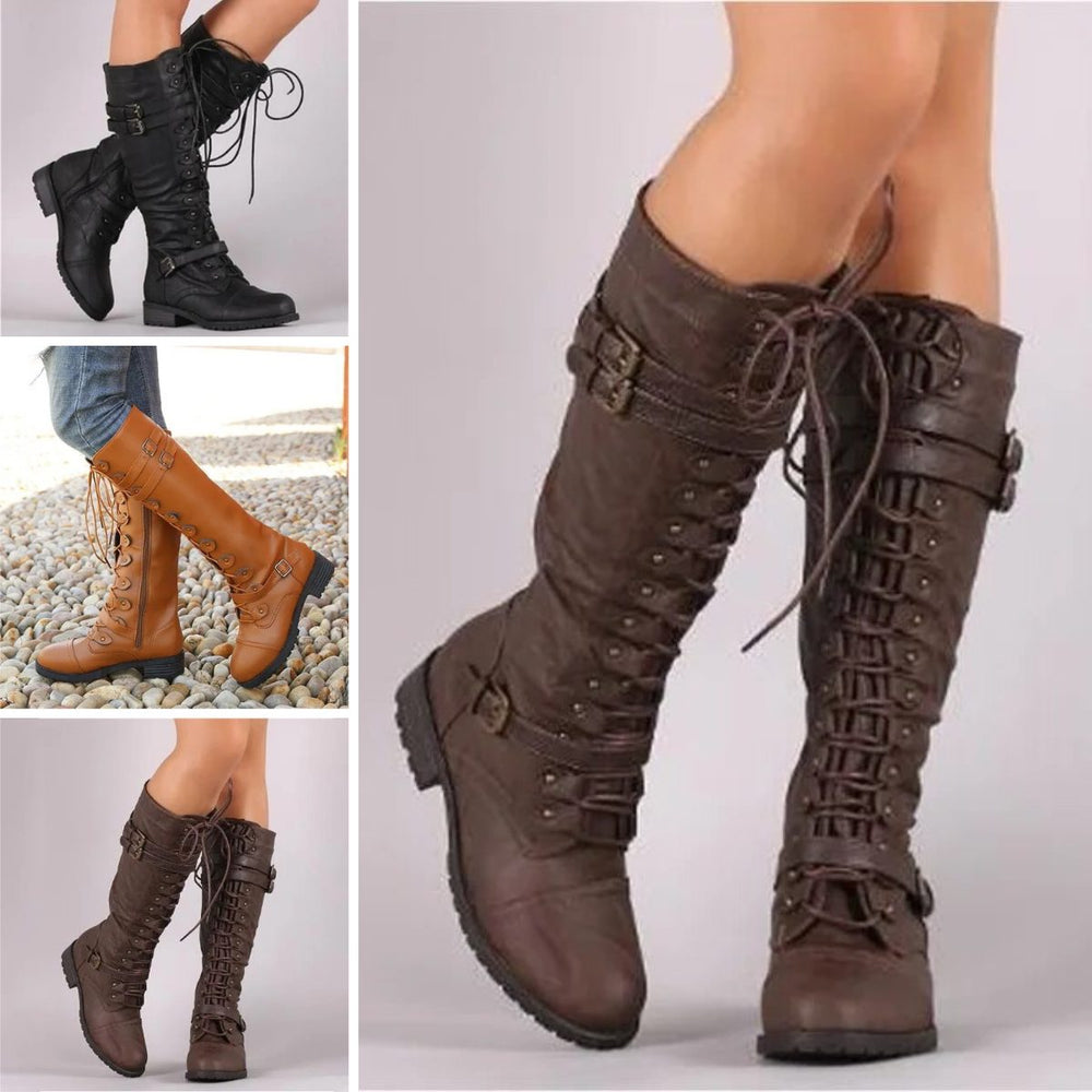 Renvara | Women's Knee High Lace-Up Combat Boot - Brown - Image 2