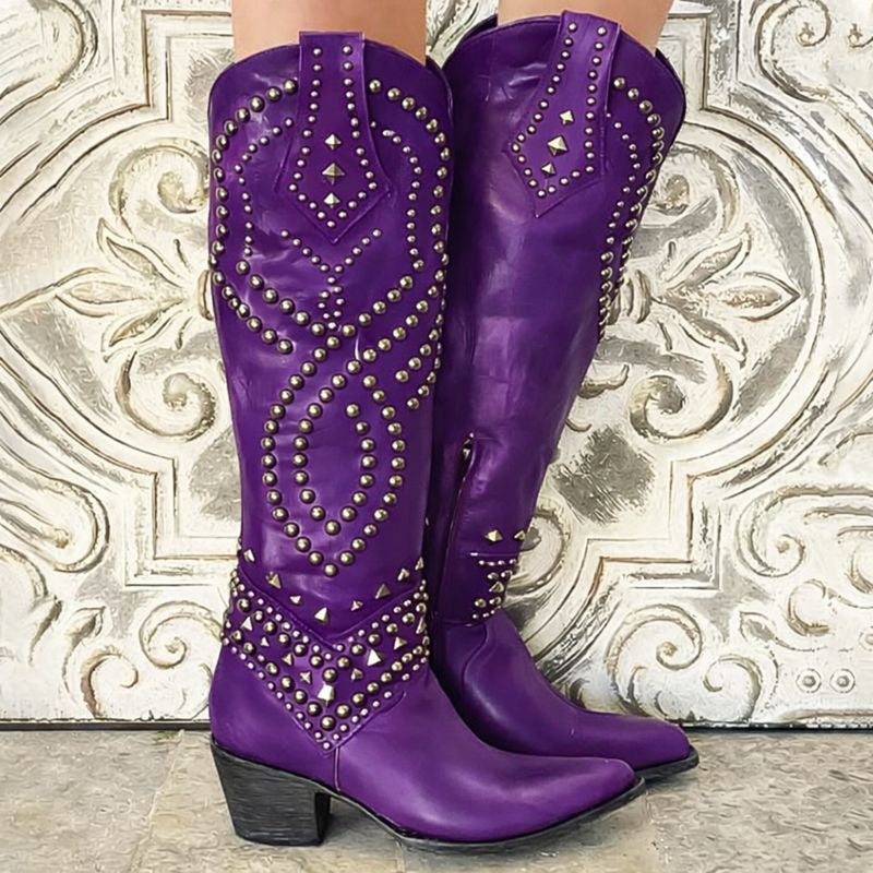 Renvelle | Women's Studded Knee-High Western Boots - Purple - Image 1