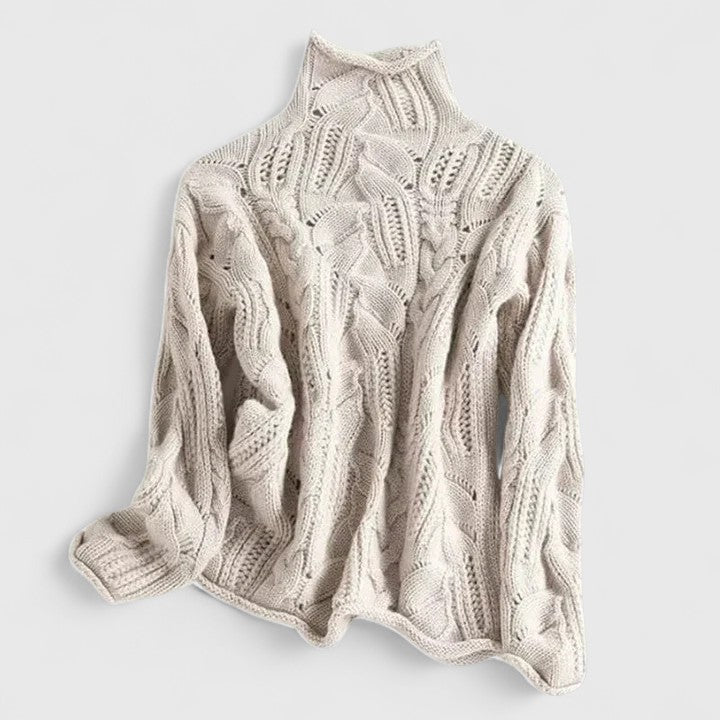 Rolvaine | Women's Cable Knit Turtleneck Sweater - Cream - Image 1