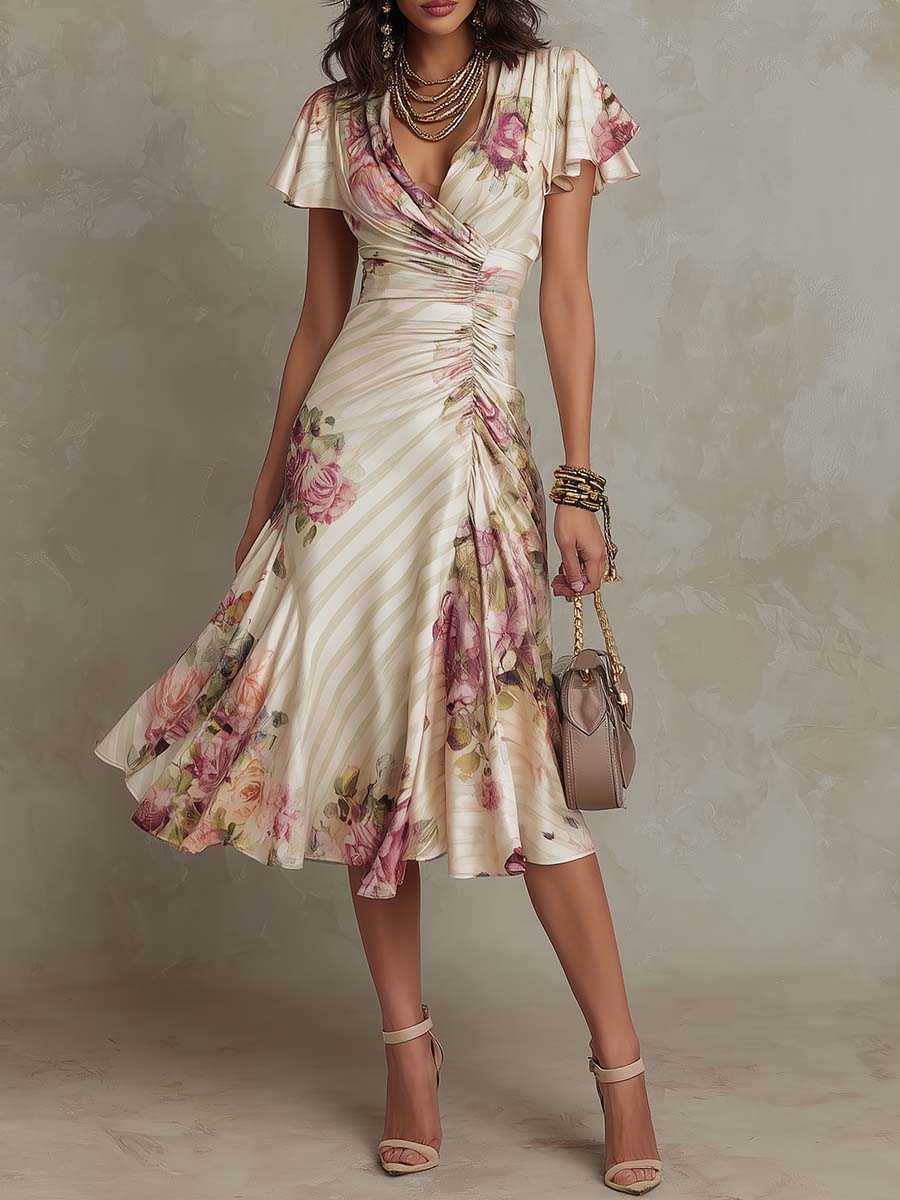 Rosamund | Women's Floral Print Flutter Sleeve Midi Dress - Floral - Image 1