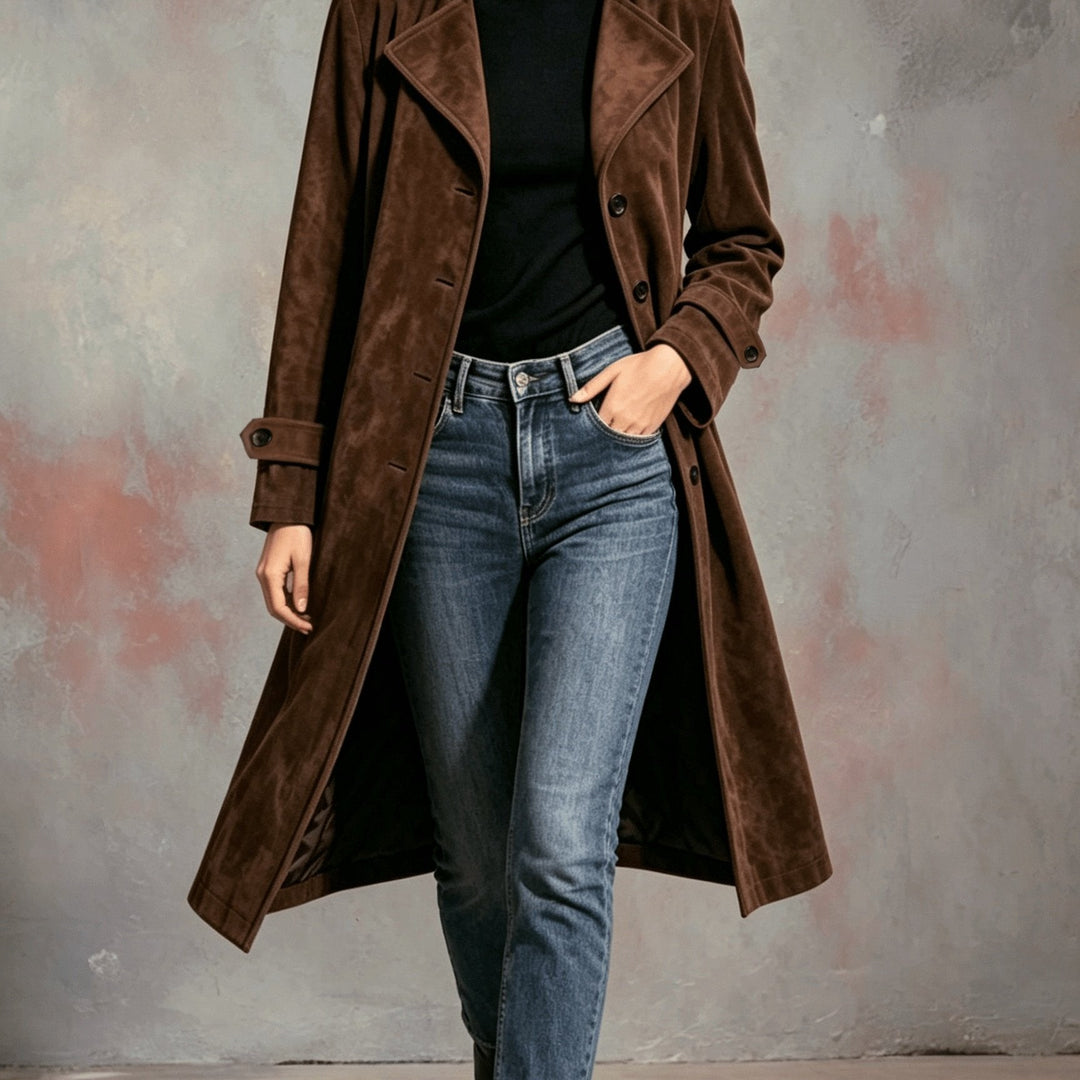 Selvaine | Women's Long Winter Coat Suede Trench - Dark Brown - Image 1