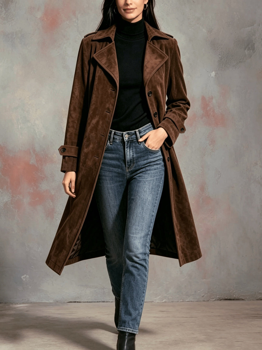 Selvaine | Women's Long Winter Coat Suede Trench - Dark Brown - Image 2