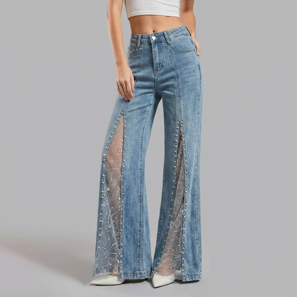 Selvaine | Women's Wide Leg Flare Jeans Mesh Pearl - Light Blue - Image 1