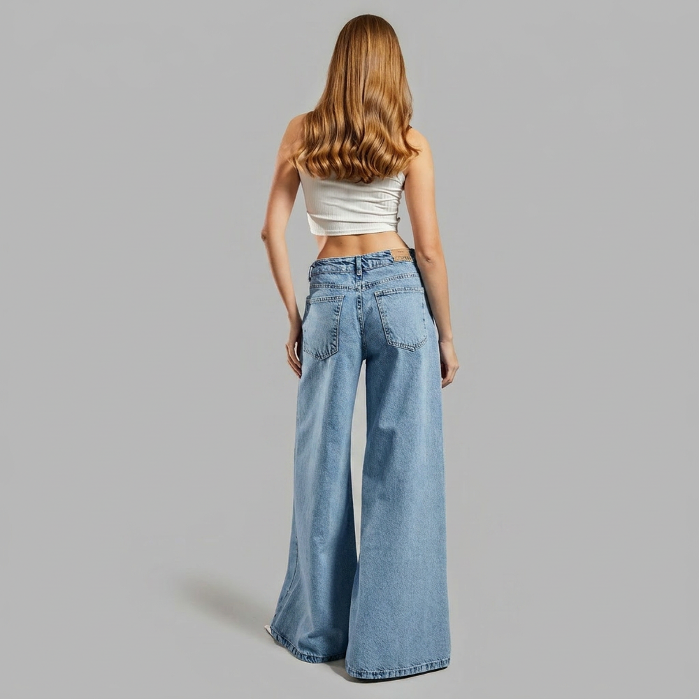 Selvaine | Women's Wide Leg Flare Jeans Mesh Pearl - Light Blue - Image 2