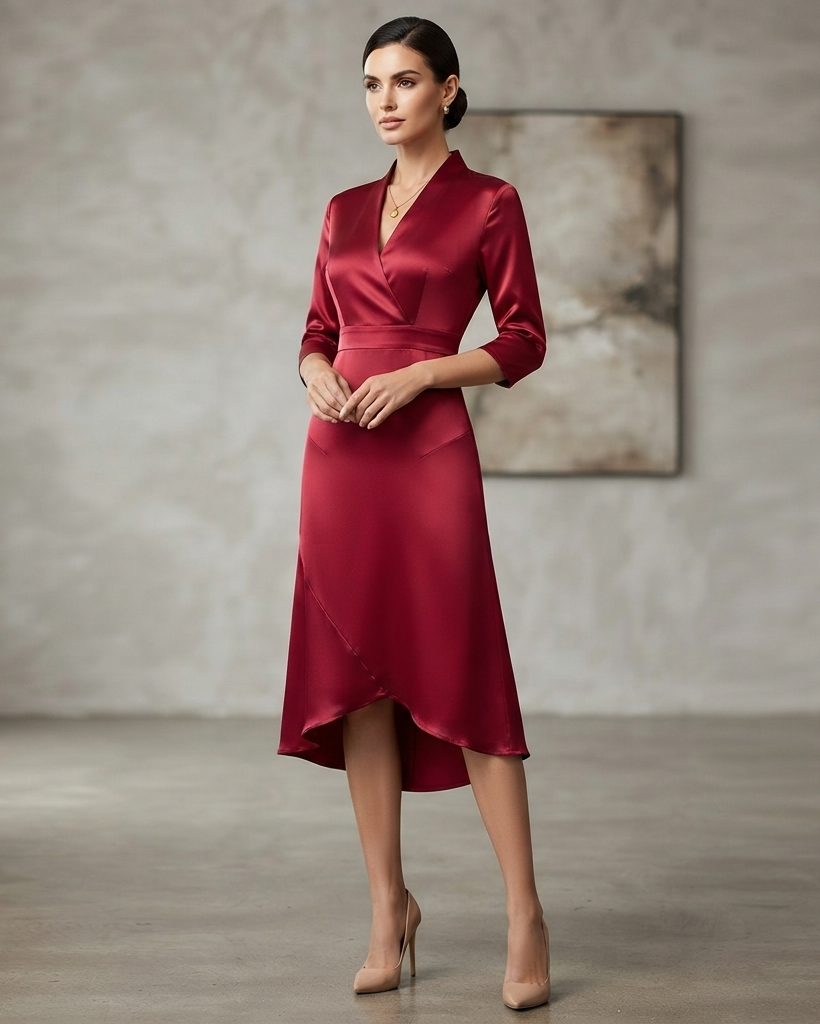 Serevaine | Women's Midi Dress High Low Hem - Burgundy - Image 1