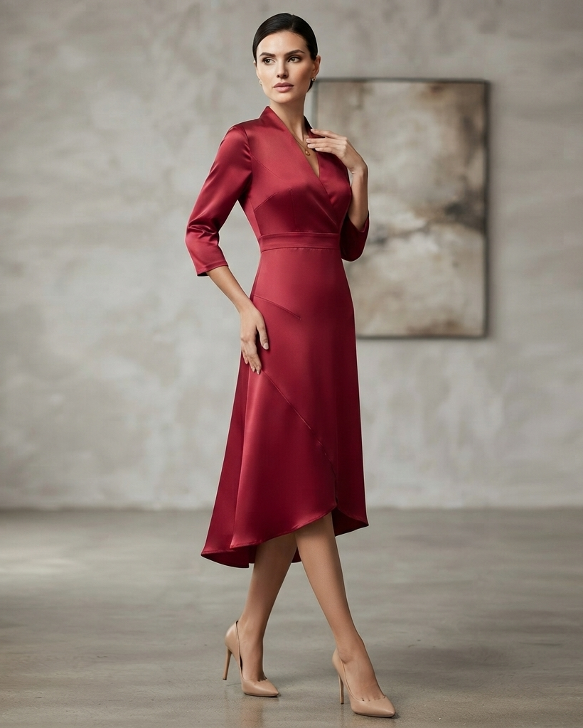 Serevaine | Women's Midi Dress High Low Hem - Burgundy - Image 2