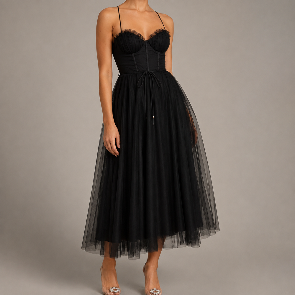 Sylvaine | Women's Tulle Midi Dress Corset Bodice - Image 2