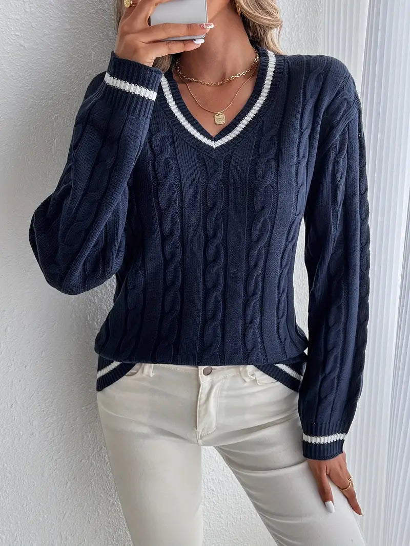 Tarvelle | Women's Oversized Cable Knit V-Neck Sweater - Navy - Image 1