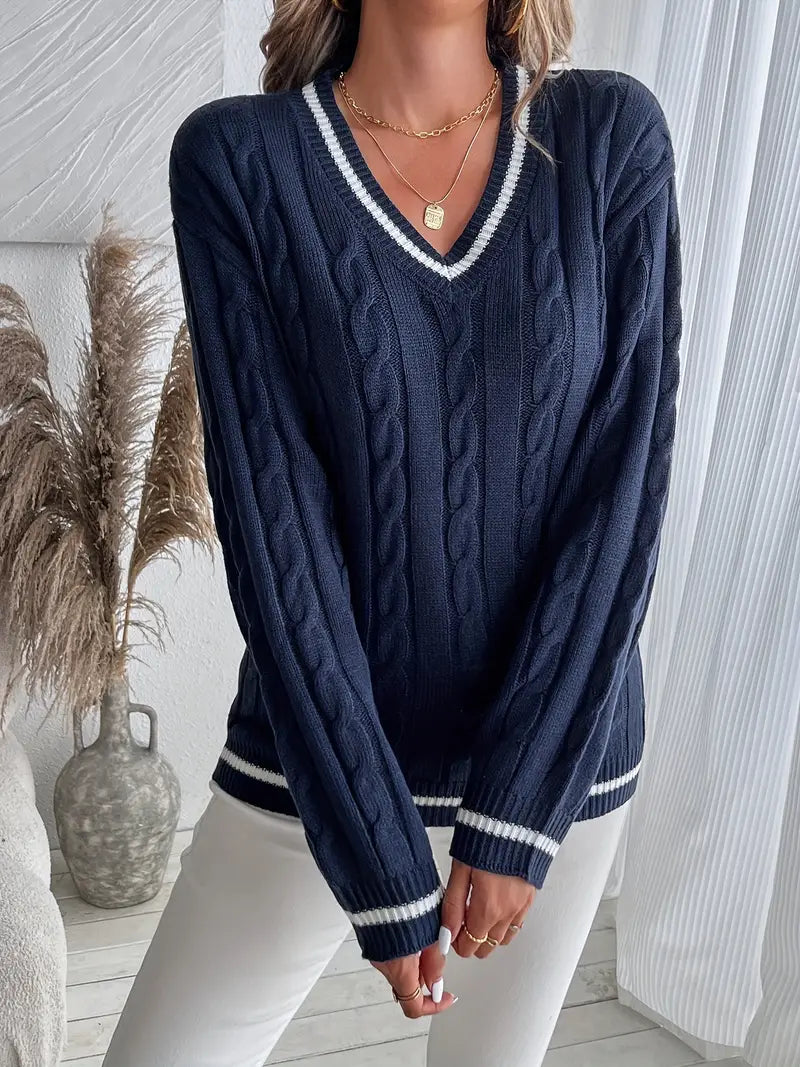 Tarvelle | Women's Oversized Cable Knit V-Neck Sweater - Navy - Image 2