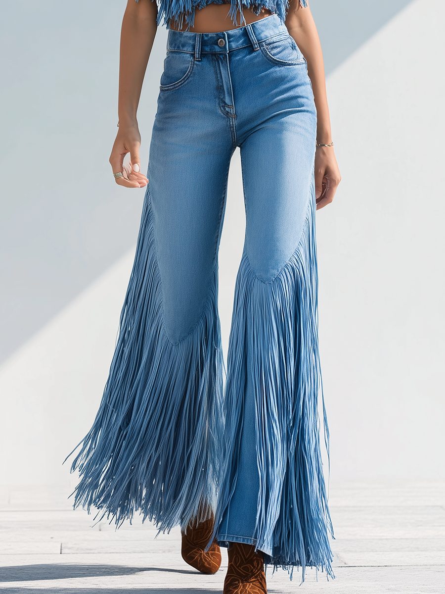 Taverine | Women's Wide Leg Fringe Flare Jeans - Light Blue - Image 1