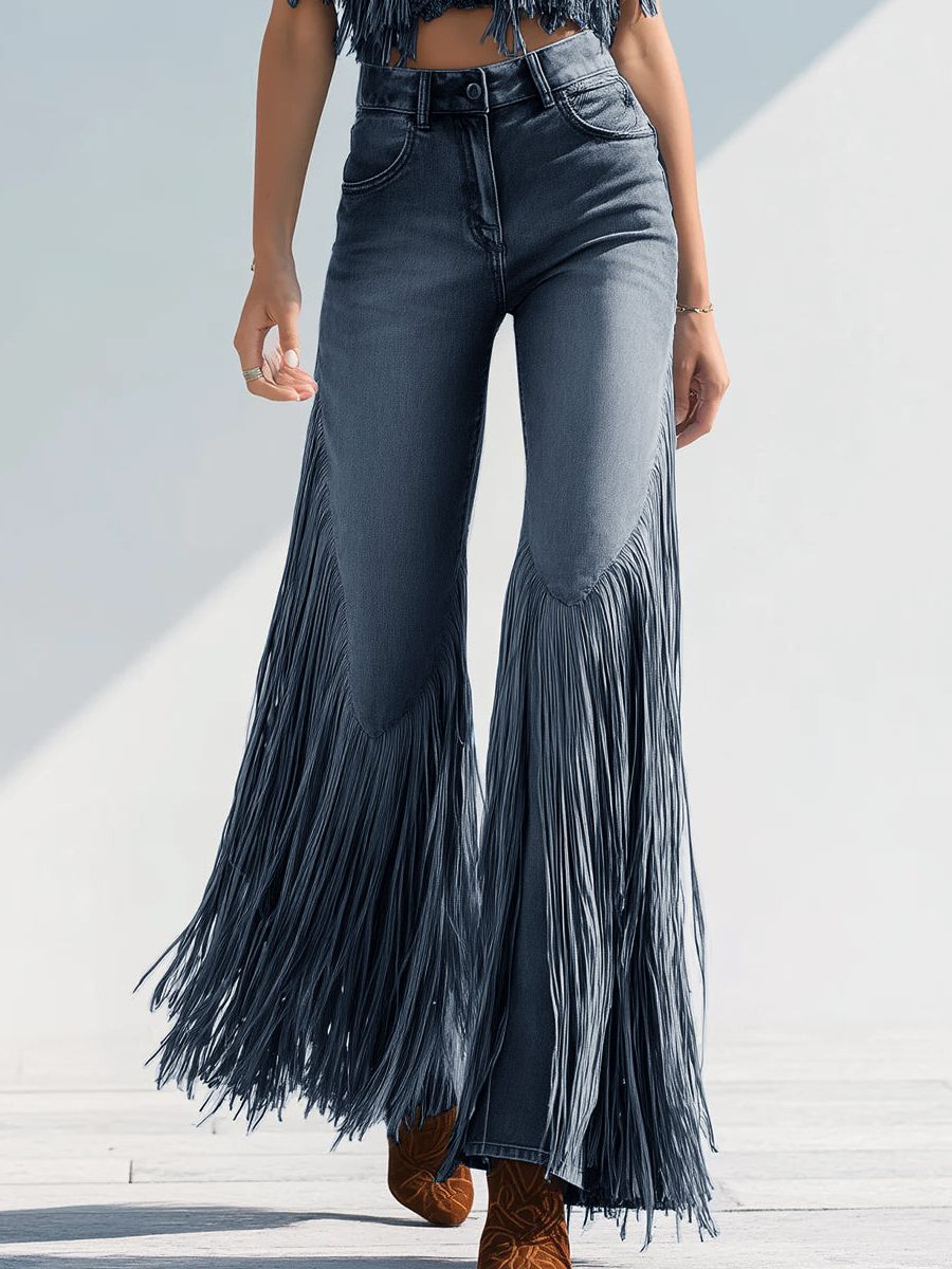 Taverine | Women's Wide Leg Fringe Flare Jeans - Light Blue - Image 2