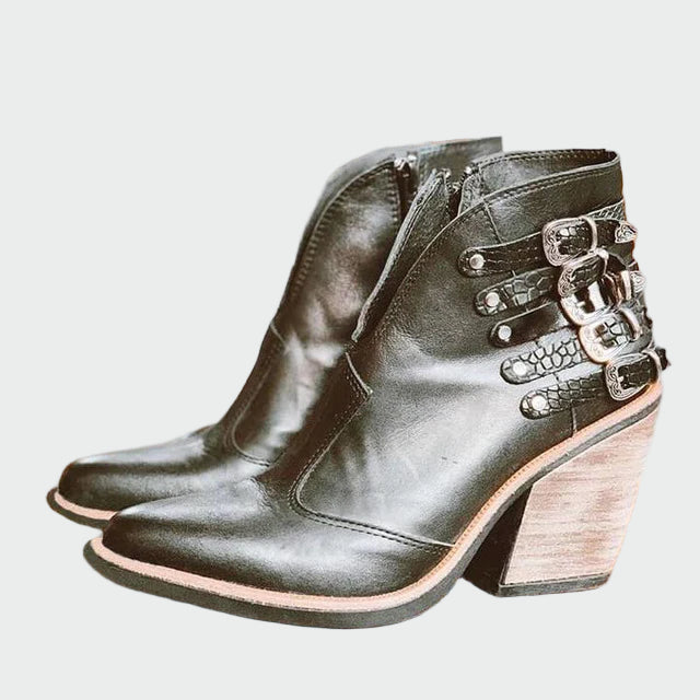 Taveska | Women's Buckle Ankle Boots Block Heel - Black - Image 1