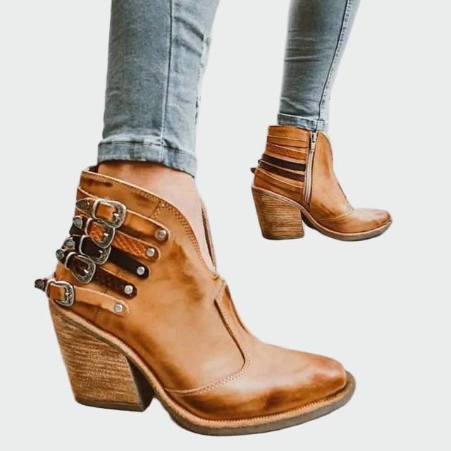 Taveska | Women's Buckle Ankle Boots Block Heel - Black - Image 2