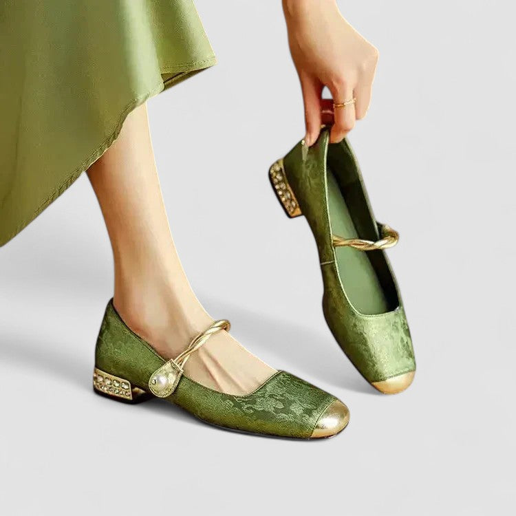 Taveska | Women's Mary Jane Shoes Crystal Block Heel - Green - Image 1