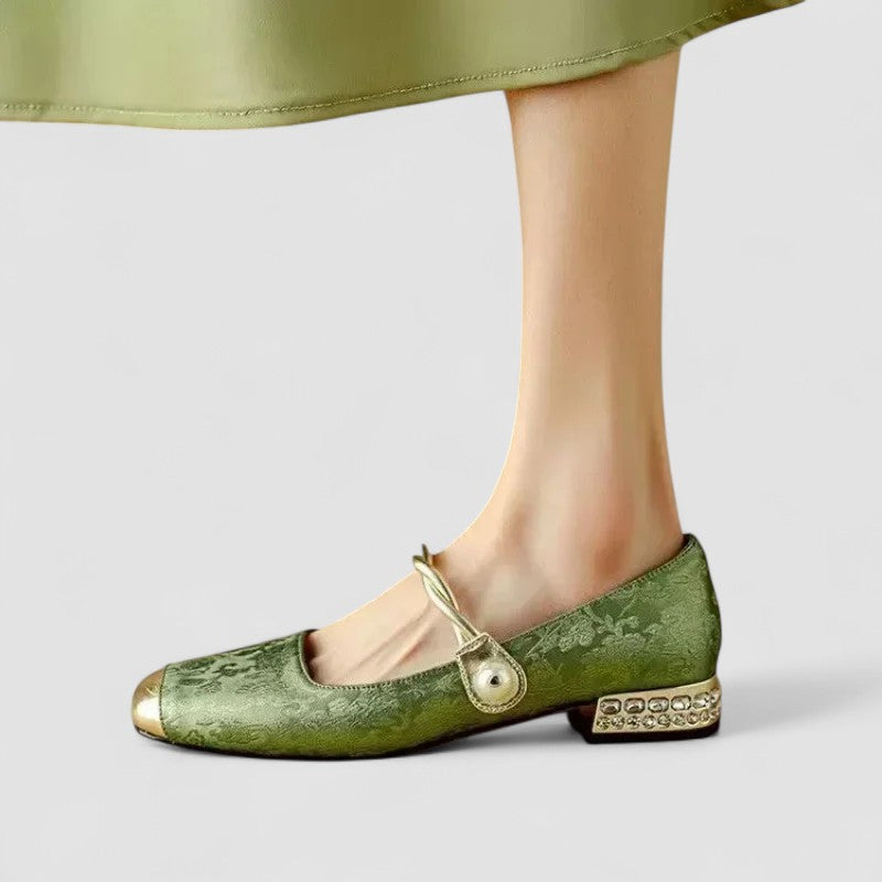 Taveska | Women's Mary Jane Shoes Crystal Block Heel - Green - Image 2