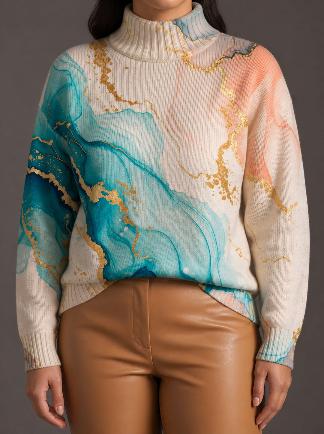 Tavindra | Women's Marbled Print Turtleneck Sweater - Image 1