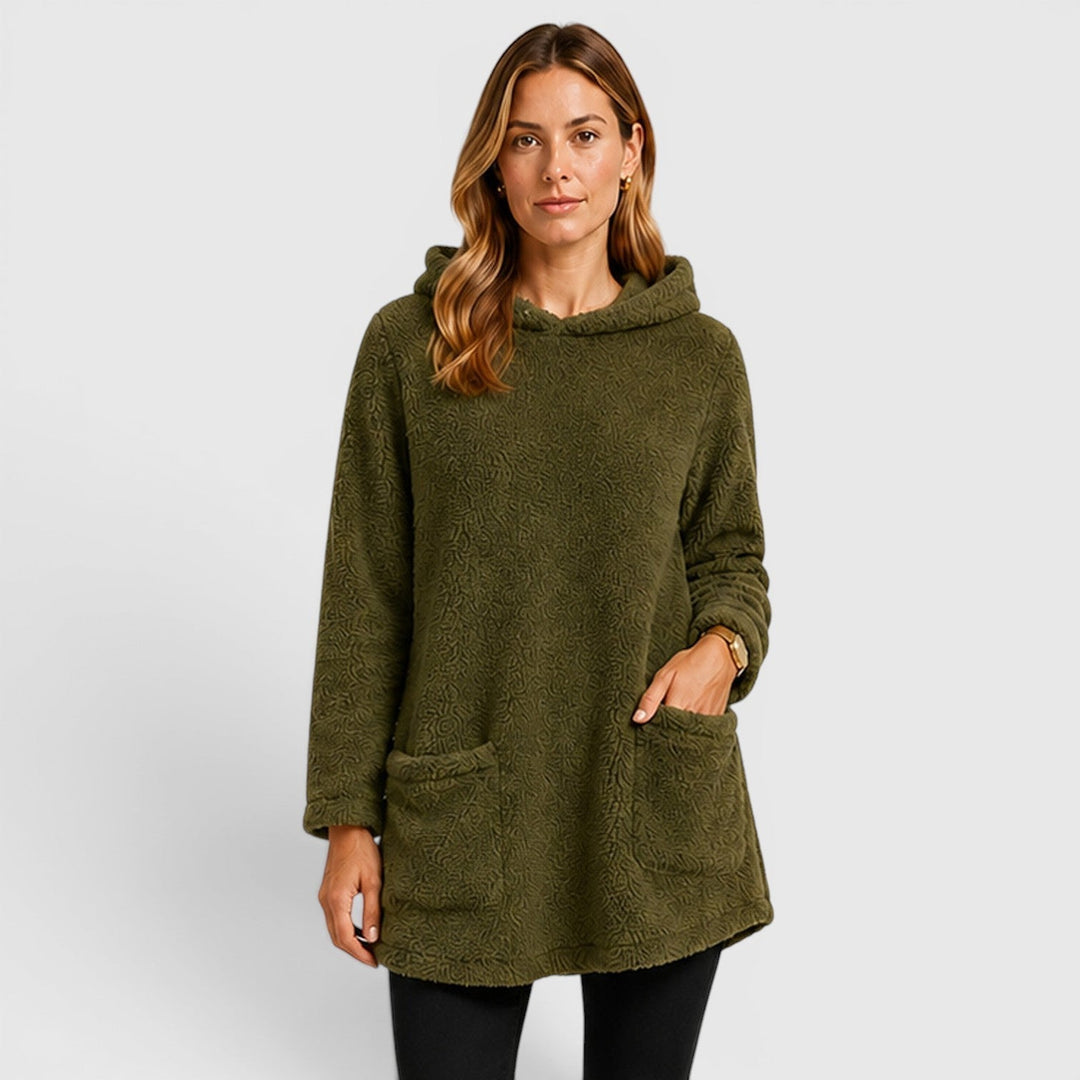 Telvorne | Women's Fleece Hoodie Tunic Top - Olive Green - Image 1